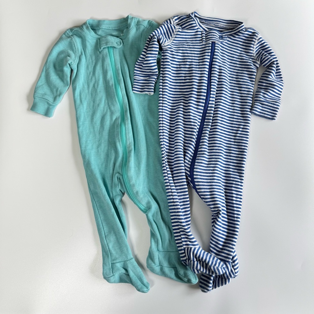 Bundle of Primary Footie Pajamas Size 0-3 Months Zipper Blue Stripes 100% Cotton
